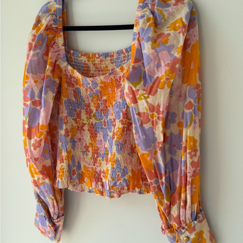 Free People Size Large Floral Smocked Top Cotton Balloon Sleeve Orange Blue Pink - Picture 12 of 16